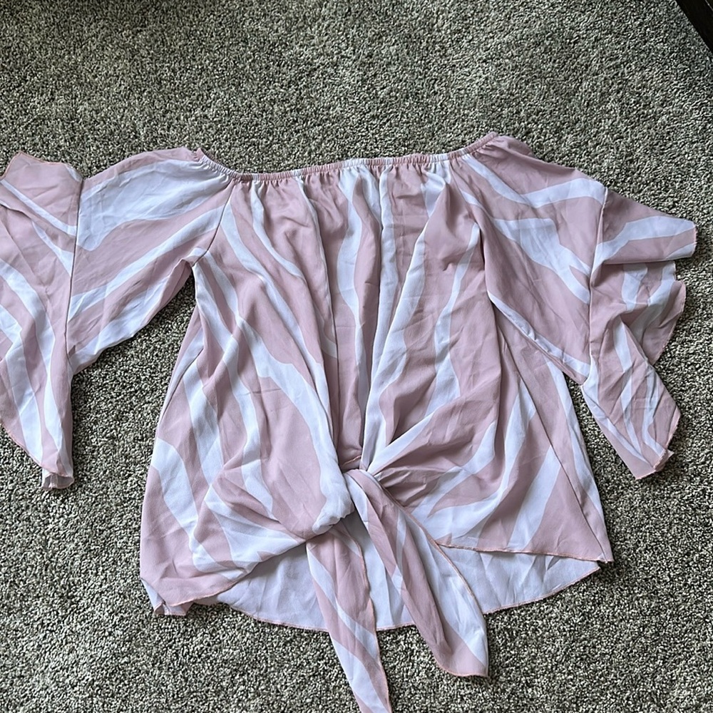 Pink and White Off the Shoulder Tie Front Blouse